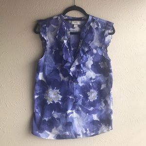 Loft Purple Watercolor Ruffle Collar Top